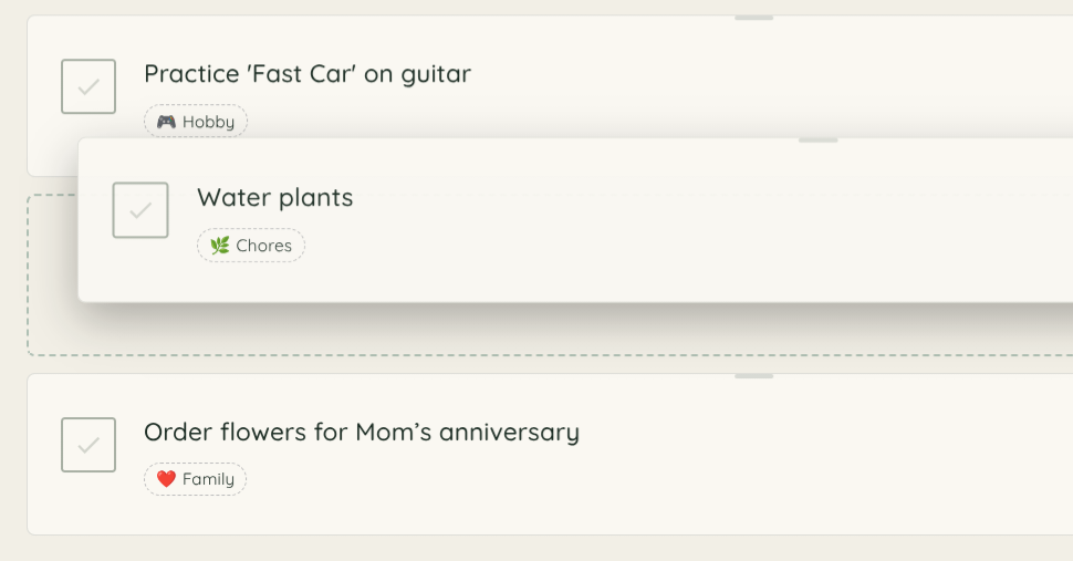 Task list with a task being dragged to a new position